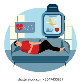 Sleep tracking concept. Man lying on a sofa while tracking health metrics using a smartwatch. Includes heart rate and sleep activity, blending comfort with modern health monitoring technology.