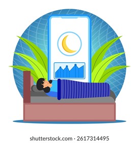 Sleep tracking concept. Woman sleeping in bed using electronic device for sleep quality analysis, with tracker mobile app. Flat vector modern illustration 
