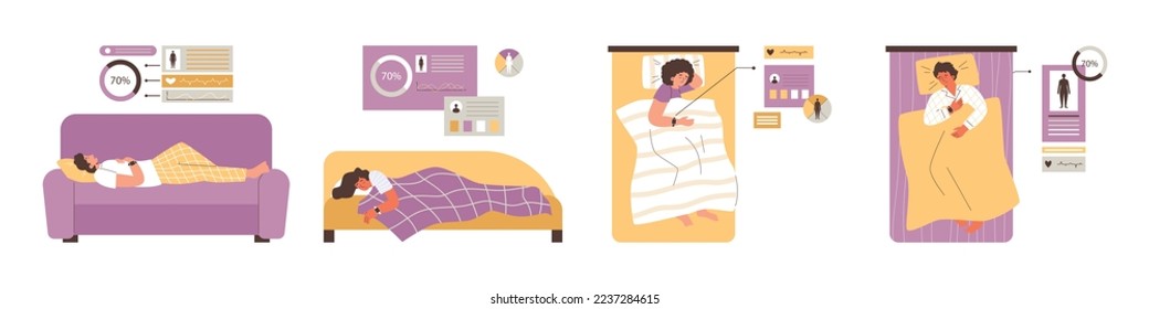 Sleep tracking and monitoring of sleep depth via smart watch app. Health app of analyzing slumber habits, flat cartoon vector illustration isolated on white background.