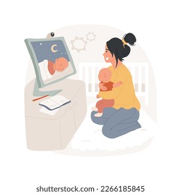 Sleep training isolated cartoon vector illustration. Young mother watching how-to sleep training video, taking online course, kids bedtime problem, learn to put baby to bed vector cartoon.