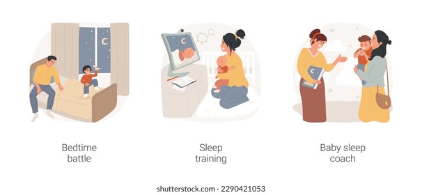 Sleep training isolated cartoon vector illustration set. Bedtime battle, toddler refuse to go to bed, watching how-to training video, baby sleep coach, consultant, calm down problem vector cartoon.