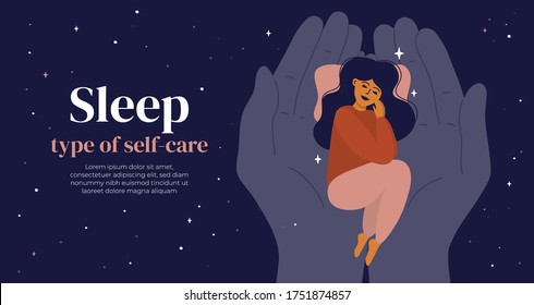 Sleep is type of self care. Young woman in pyjama lying on human palms in night sky. Hands holding sleeping girl. Bedtime, healthy dreams and healthcare concept. Vector illustration, design template