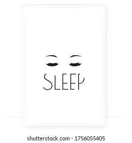 Sleep, vector. Closed eyes illustration isolated on white background. Scandinavian minimalist art design. Wall decals, art decor, artwork. Modern poster design