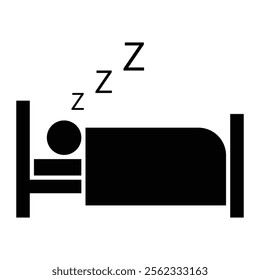 Sleep vector icon. Overnight stay and hotel symbol for rest, relaxation, and accommodation design. Person sleeping on bed. Black silhouette isolated on white background.