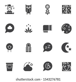Sleep vector icons set, modern solid symbol collection, filled style pictogram pack. Signs, logo illustration. Set includes icons as dream catcher, moon with stars, hammock, sleeping bag, owl, dream