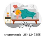 Sleep Vector Illustration of a Happy Young Person Soundly Sleeping and Enjoying Sweet Dreams in a Healthcare Flat Style Cartoon Background