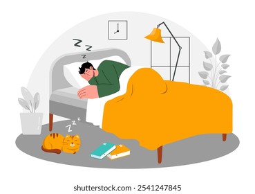 Sleep Vector Illustration of a Happy Young Person Soundly Sleeping and Enjoying Sweet Dreams in a Healthcare Flat Style Cartoon Background