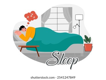 Sleep Vector Illustration of a Happy Young Person Soundly Sleeping and Enjoying Sweet Dreams in a Healthcare Flat Style Cartoon Background