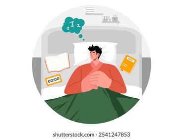 Sleep Vector Illustration of a Happy Young Person Soundly Sleeping and Enjoying Sweet Dreams in a Healthcare Flat Style Cartoon Background