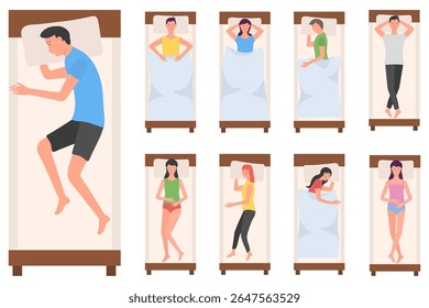 Sleep vector illustration. Man and woman resting in bed with pillow and blanket. Peaceful bedtime poses in cartoon style. Comfortable sleeping characters isolated for healthy night and relaxation desi