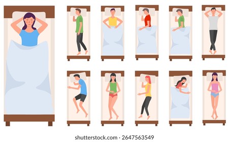 Sleep vector illustration. Man and woman resting in bed with pillow and blanket. Peaceful bedtime poses in cartoon style. Comfortable sleeping characters isolated for healthy night and relaxation desi