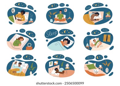 Sleep vector illustrations set. Collection of people sleeping or preparing for bed in cozy bedrooms, with hand lettering. Flat cartoon compositions of bedtime routine, night habits, relaxation tips