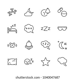 Sleep Vector Line Icons Set. Contains such Icons as Alarm Clock, Bed, Insomnia, Pillow, Sleeping Pills, Bell, Glasses for sleep, Bubble and more. Editable Stroke. 32x32 Pixel Perfect