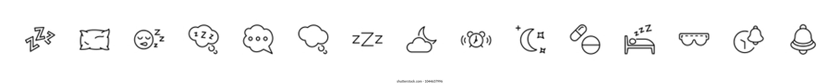 Sleep Vector Line Icons Set. Contains such Icons as Alarm Clock, Bed, Insomnia, Pillow, Sleeping Pills, Bell, Glasses for sleep, Bubble and more. Editable Stroke. 32x32 Pixel Perfect