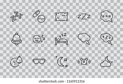 Sleep Vector Line Icons Set. Contains such Icons as Alarm Clock, Bed, Insomnia, Pillow, Sleeping Pills, Bell, Glasses for sleep, Bubble and more. Editable Stroke. 32x32 Pixel Perfect