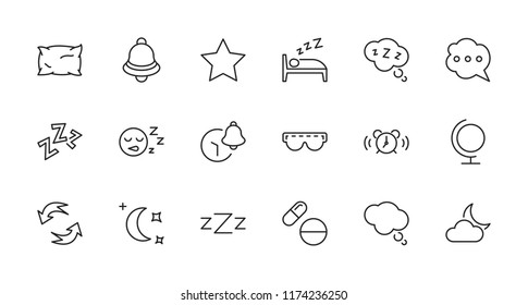 Sleep Vector Line Icons Set. Contains such Icons as Alarm Clock, Bed, Insomnia, Pillow, Sleeping Pills, Bell, Glasses for sleep, Bubble and more. Editable Stroke. 32x32 Pixel Perfect