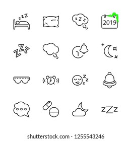 Sleep Vector Line Icons Set. Contains such Icons as Alarm Clock, Bed, Insomnia, Pillow, Sleeping Pills, Bell, Glasses for sleep, Bubble and more. Editable Stroke. 32x32 Pixel Perfect