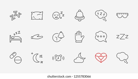 Sleep Vector Line Icons Set. Contains such Icons as Alarm Clock, Bed, Insomnia, Pillow, Sleeping Pills, Bell, Glasses for sleep, Bubble and more. Editable Stroke. 32x32 Pixel Perfect