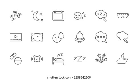 Sleep Vector Line Icons Set. Contains such Icons as Alarm Clock, Bed, Insomnia, Pillow, Sleeping Pills, Bell, Glasses for sleep, Bubble and more. Editable Stroke. 32x32 Pixel Perfect
