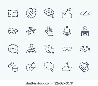 Sleep Vector Line Icons Set. Contains such Icons as Alarm Clock, Bed, Insomnia, Pillow, Sleeping Pills, Bell, Glasses for sleep, Bubble and more. Editable Stroke. 32x32 Pixel Perfect