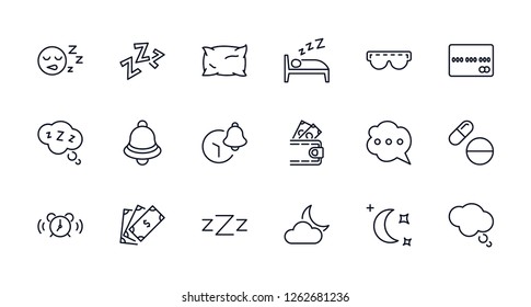 Sleep Vector Line Icons Set. Contains such Icons as Alarm Clock, Bed, Insomnia, Pillow, Sleeping Pills, Bell, Glasses for sleep, Bubble and more. Editable Stroke. 32x32 Pixel Perfect