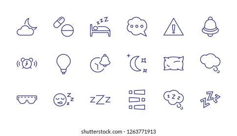 Sleep Vector Line Icons Set. Contains such Icons as Alarm Clock, Bed, Insomnia, Pillow, Sleeping Pills, Bell, Glasses for sleep, Bubble and more. Editable Stroke. 32x32 Pixel Perfect