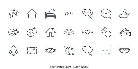 Sleep Vector Line Icons Set. Contains such Icons as Alarm Clock,