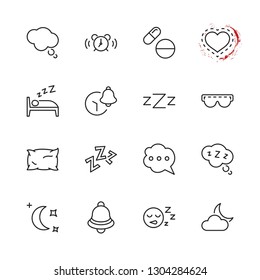 Sleep Vector Line Icons Set. Contains such Icons as Alarm Clock, Bed, Insomnia, Pillow, Sleeping Pills, Bell, Glasses for sleep, Bubble and more. Editable Stroke. 32x32 Pixel Perfect