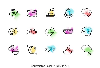 Sleep Vector Line Icons Set. Contains such Icons as Alarm Clock, Bed, Insomnia, Pillow, Sleeping Pills, Bell, Glasses for sleep, Bubble and more. Editable Stroke. 32x32 Pixel Perfect