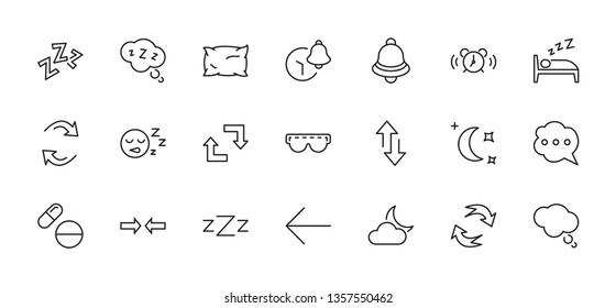 Sleep Vector Line Icons Set. Contains such Icons as Alarm Clock, Bed, Insomnia, Pillow, Sleeping Pills, Bell, Glasses for sleep, Bubble and more. Editable Stroke. 32x32 Pixel Perfect