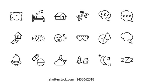 Sleep Vector Line Icons Set. Contains such Icons as Alarm Clock, Bed, Insomnia, Pillow, Sleeping Pills, Bell, Glasses for sleep, Bubble and more. Editable Stroke. 32x32 Pixel Perfect