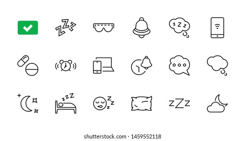 Sleep Vector Line Icons Set. Contains such Icons as Alarm Clock, Bed, Insomnia, Pillow, Sleeping Pills, Bell, Glasses for sleep, Bubble and more. Editable Stroke. 32x32 Pixel Perfect