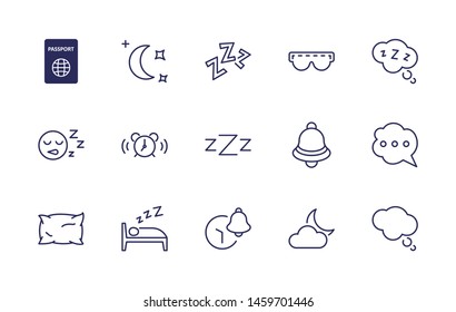 Sleep Vector Line Icons Set. Contains such Icons as Alarm Clock, Bed, Insomnia, Pillow, Sleeping Pills, Bell, Glasses for sleep, Bubble and more. Editable Stroke. 32x32 Pixel Perfect