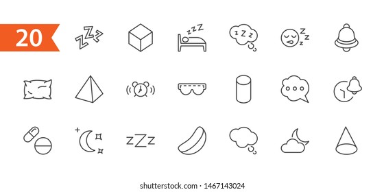 Sleep Vector Line Icons Set. Contains such Icons as Alarm Clock, Bed, Insomnia, Pillow, Sleeping Pills, Bell, Glasses for sleep, Bubble and more. Editable Stroke. 32x32 Pixel Perfect