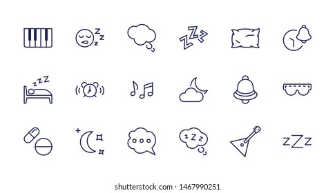 Sleep Vector Line Icons Set. Contains such Icons as Alarm Clock, Bed, Insomnia, Pillow, Sleeping Pills, Bell, Glasses for sleep, Bubble and more. Editable Stroke. 32x32 Pixel Perfect