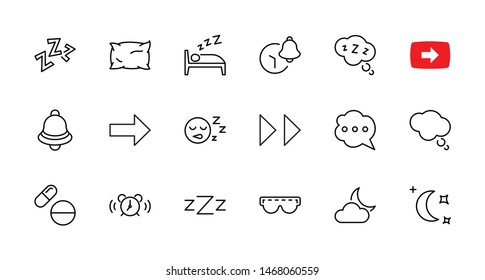 Sleep Vector Line Icons Set. Contains such Icons as Alarm Clock, Bed, Insomnia, Pillow, Sleeping Pills, Bell, Glasses for sleep, Bubble and more. Editable Stroke. 32x32 Pixel Perfect