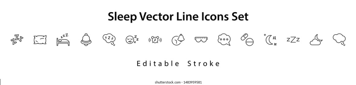 Sleep Vector Line Icons Set. Contains such Icons as Alarm Clock, Bed, Insomnia, Pillow, Sleeping Pills, Bell, Glasses for sleep, Bubble and more. Editable Stroke. 32x32 Pixel Perfect