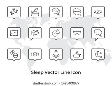 Sleep Vector Line Icons Set. Contains such Icons as Alarm Clock, Bed, Insomnia, Pillow, Sleeping Pills, Bell, Glasses for sleep, Bubble and more. Editable Stroke. 32x32 Pixel Perfect