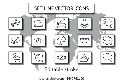 Sleep Vector Line Icons Set. Contains such Icons as Alarm Clock, Bed, Insomnia, Pillow, Sleeping Pills, Bell, Glasses for sleep, Bubble and more. Editable Stroke. 32x32 Pixel Perfect