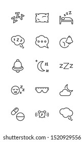 Sleep Vector Line Icons Set. Contains such Icons as Alarm Clock, Bed, Insomnia, Pillow, Sleeping Pills, Bell, Glasses for sleep, Bubble and more. Editable Stroke. 32x32 Pixel Perfect