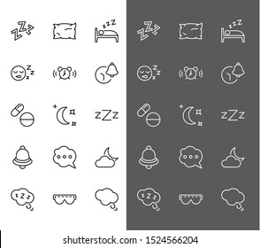 Sleep Vector Line Icons Set. Contains such Icons as Alarm Clock, Bed, Insomnia, Pillow, Sleeping Pills, Bell, Glasses for sleep, Bubble and more. Editable Stroke. 32x32 Pixel Perfect