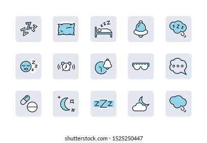 Sleep Vector Line Icons Set. Contains such Icons as Alarm Clock, Bed, Insomnia, Pillow, Sleeping Pills, Bell, Glasses for sleep, Bubble and more. Editable Stroke. 32x32 Pixel Perfect