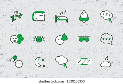 Sleep Vector Line Icons Set. Contains such Icons as Alarm Clock, Bed, Insomnia, Pillow, Sleeping Pills, Bell, Glasses for sleep, Bubble and more. Editable Stroke. 32x32 Pixel Perfect