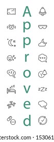 Sleep Vector Line Icons Set. Contains such Icons as Alarm Clock, Bed, Insomnia, Pillow, Sleeping Pills, Bell, Glasses for sleep, Bubble and more. Editable Stroke. 32x32 Pixel Perfect