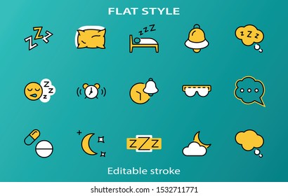 Sleep Vector Line Icons Set. Contains such Icons as Alarm Clock, Bed, Insomnia, Pillow, Sleeping Pills, Bell, Glasses for sleep, Bubble and more. Editable Stroke. 32x32 Pixel Perfect