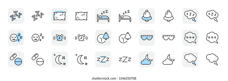 Sleep Vector Line Icons Set. Contains such Icons as Alarm Clock, Bed, Insomnia, Pillow, Sleeping Pills, Bell, Glasses for sleep, Bubble and more. Editable Stroke. 32x32 Pixel Perfect