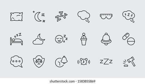 Sleep Vector Line Icons Set. Contains such Icons as Alarm Clock, Bed, Insomnia, Pillow, Sleeping Pills, Bell, Glasses for sleep, Bubble and more. Editable Stroke. 32x32 Pixel Perfect