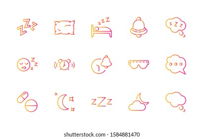 Sleep Vector Line Icons Set. Contains such Icons as Alarm Clock, Bed, Insomnia, Pillow, Sleeping Pills, Bell, Glasses for sleep, Bubble and more. Editable Stroke. 32x32 Pixel Perfect