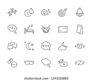 Sleep Vector Line Icons Set. Contains such Icons as Alarm Clock, Bed, Insomnia, Pillow, Sleeping Pills, Bell, Glasses for sleep, Bubble and more. Editable Stroke. 32x32 Pixel Perfect