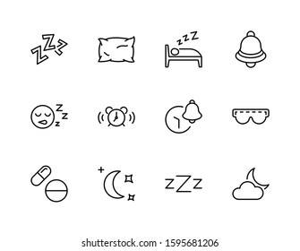 Sleep Vector Line Icons Set. Contains such Icons as Alarm Clock, Bed, Insomnia, Pillow, Sleeping Pills, Bell, Glasses for sleep, Bubble and more. Editable Stroke. 32x32 Pixel Perfect